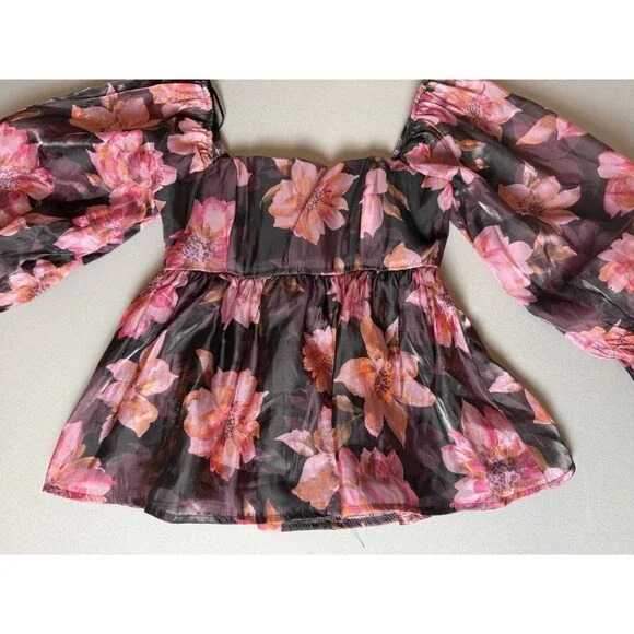 Nasty Gal Floral Smocked Peplum Blouse XS Sheer Long Sleeve Pink & Black - Picture 10 of 10